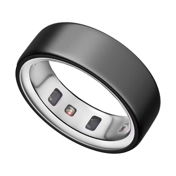 A black smart ring with a silver interior showing three sensors, one glowing red.