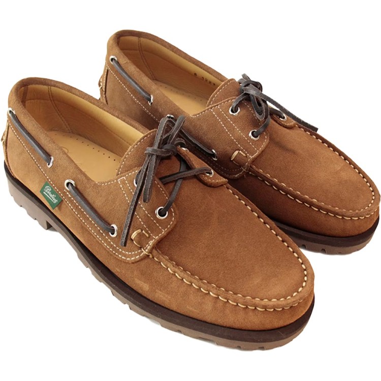 Pair of brown suede boat shoes with dark laces and white stitching.
