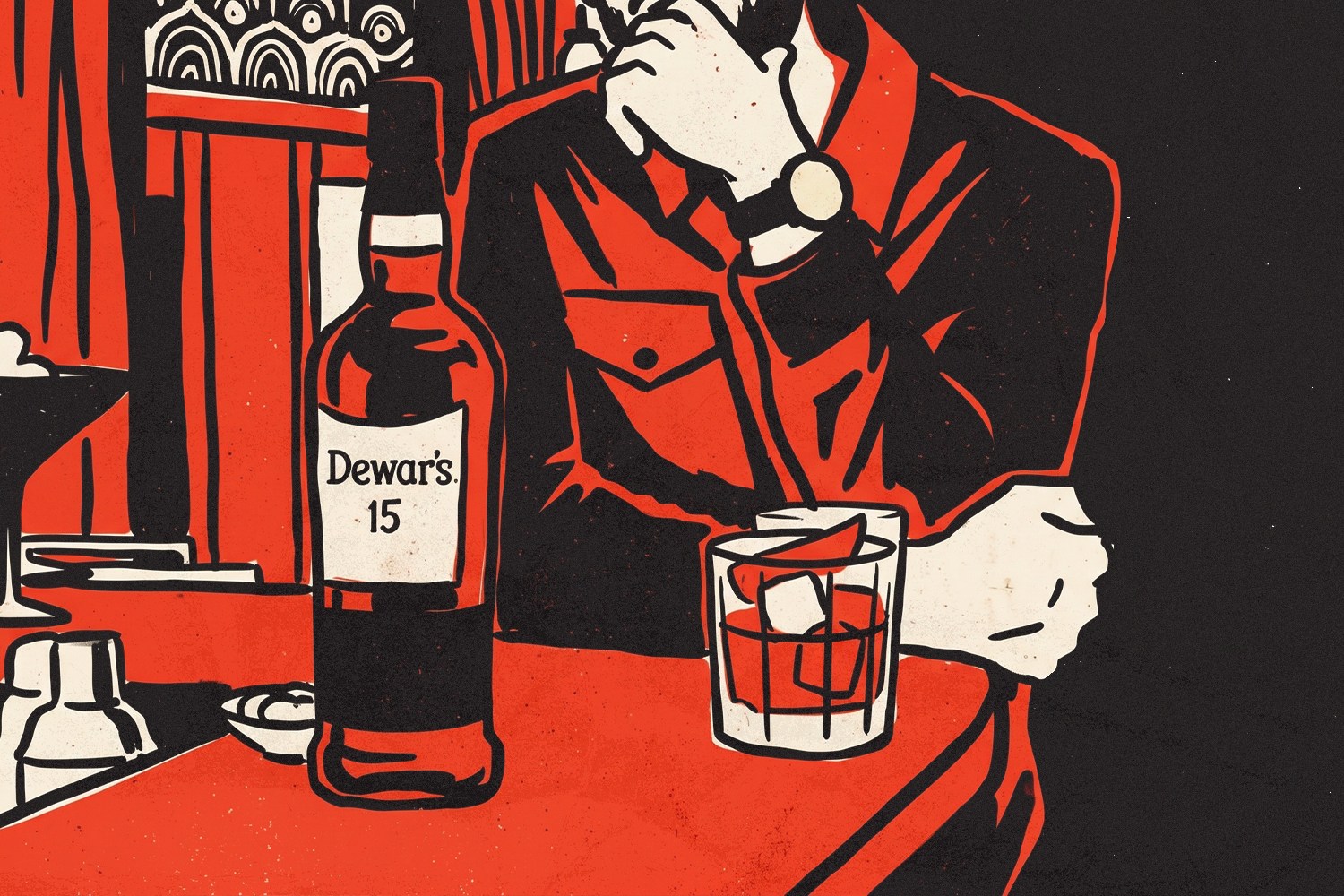 Red and black illustration of a man at a bar with a bottle of Dewar's 15 and a glass of whiskey.
