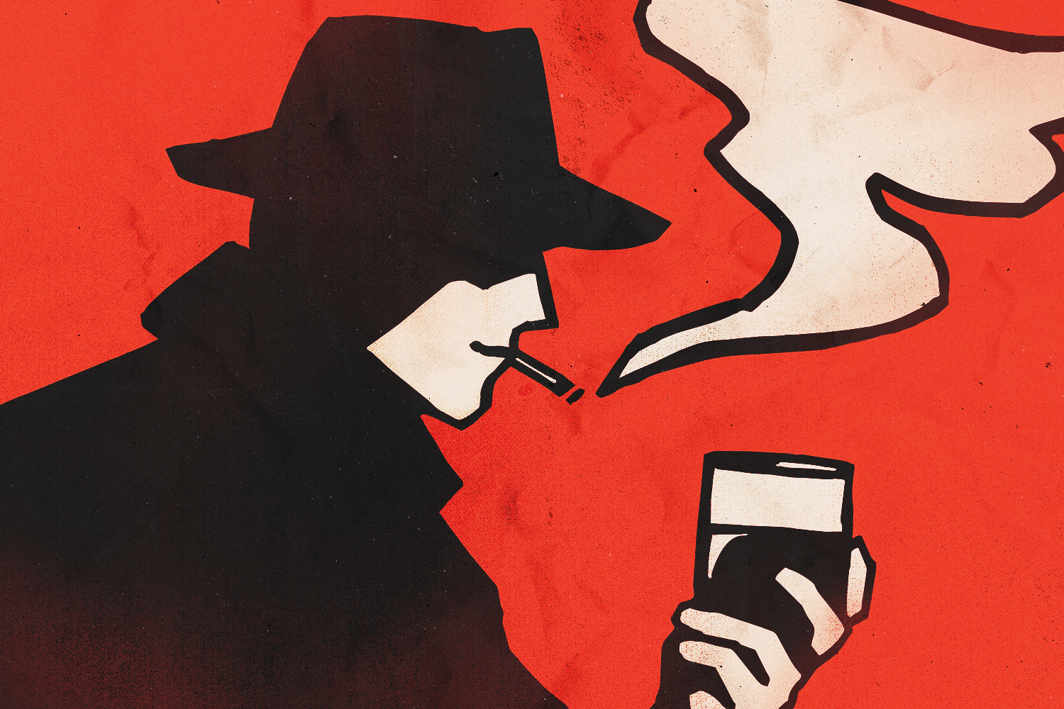 Noir-style illustration of a man in a fedora and trench coat, smoking a cigarette and holding a drink.