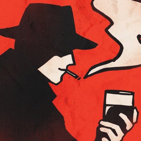 Noir-style illustration of a man in a fedora and trench coat, smoking a cigarette and holding a drink.