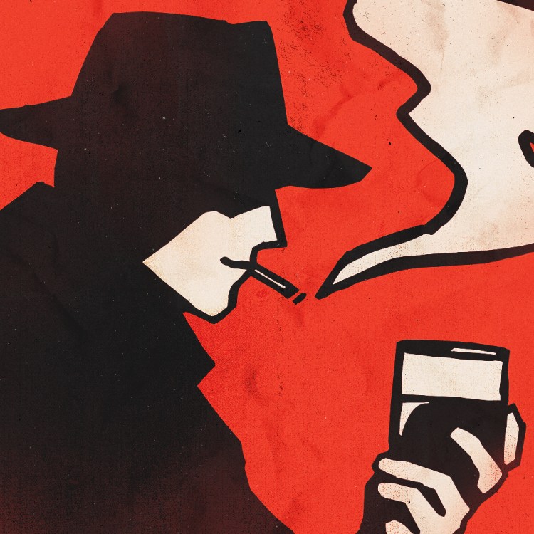 Noir-style illustration of a man in a fedora and trench coat, smoking a cigarette and holding a drink.