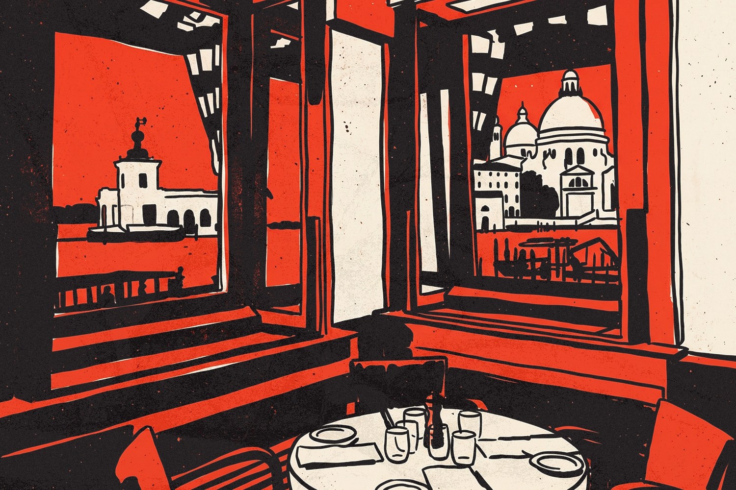 Red and black graphic art of a restaurant interior with views of Venice, including Santa Maria della Salute.