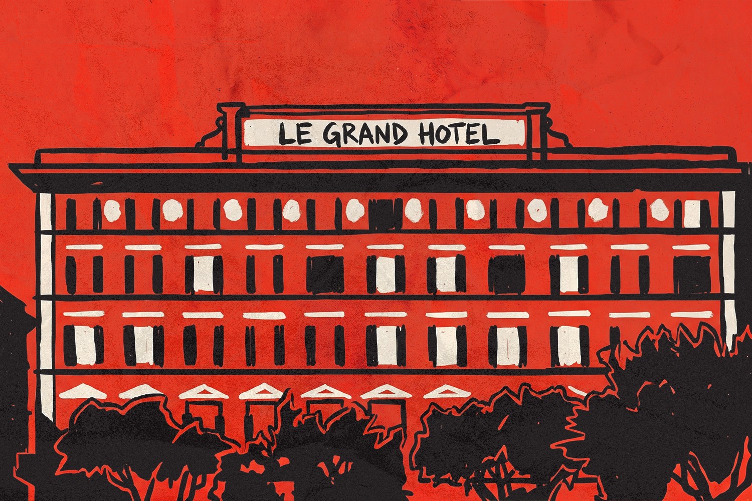 A red, white and black illustration of a hotel over a row of trees. A sign at the top reads "Le Grand Hotel."