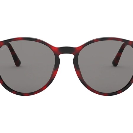 Round sunglasses with a red and black tortoiseshell frame and dark gray lenses.