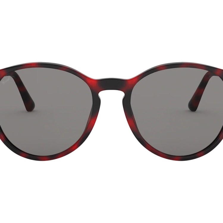 Round sunglasses with a red and black tortoiseshell frame and dark gray lenses.