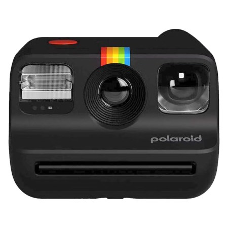 A black Polaroid Now instant camera with a rainbow stripe above the lens and "Polaroid" printed on the front.