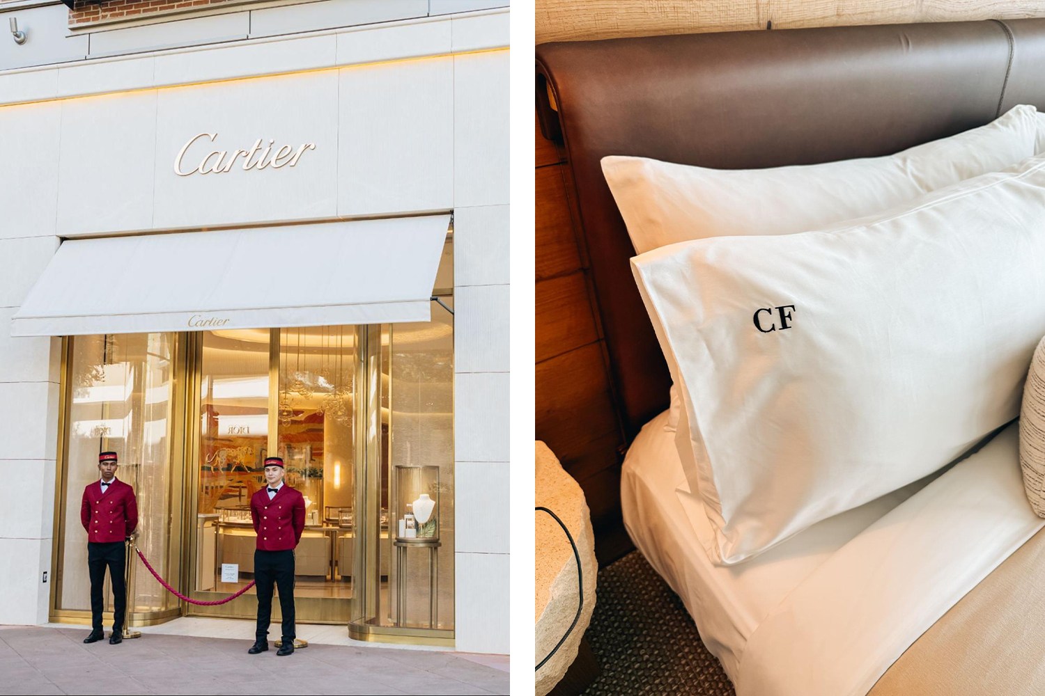 Two doormen in red uniforms stand outside a Cartier store, and a white pillow with "CF" monogrammed on it.