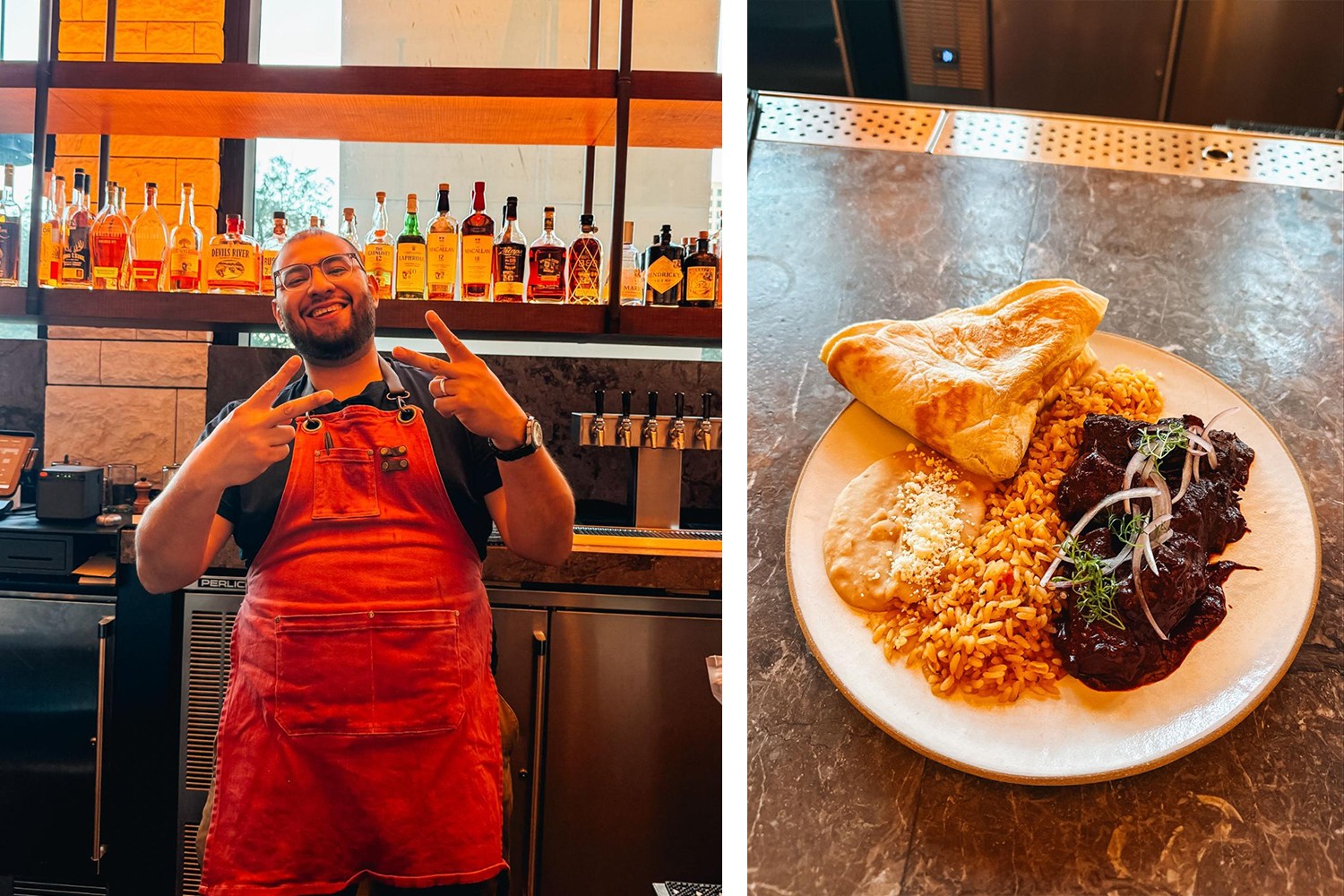 Chef in red apron and a plate of food
