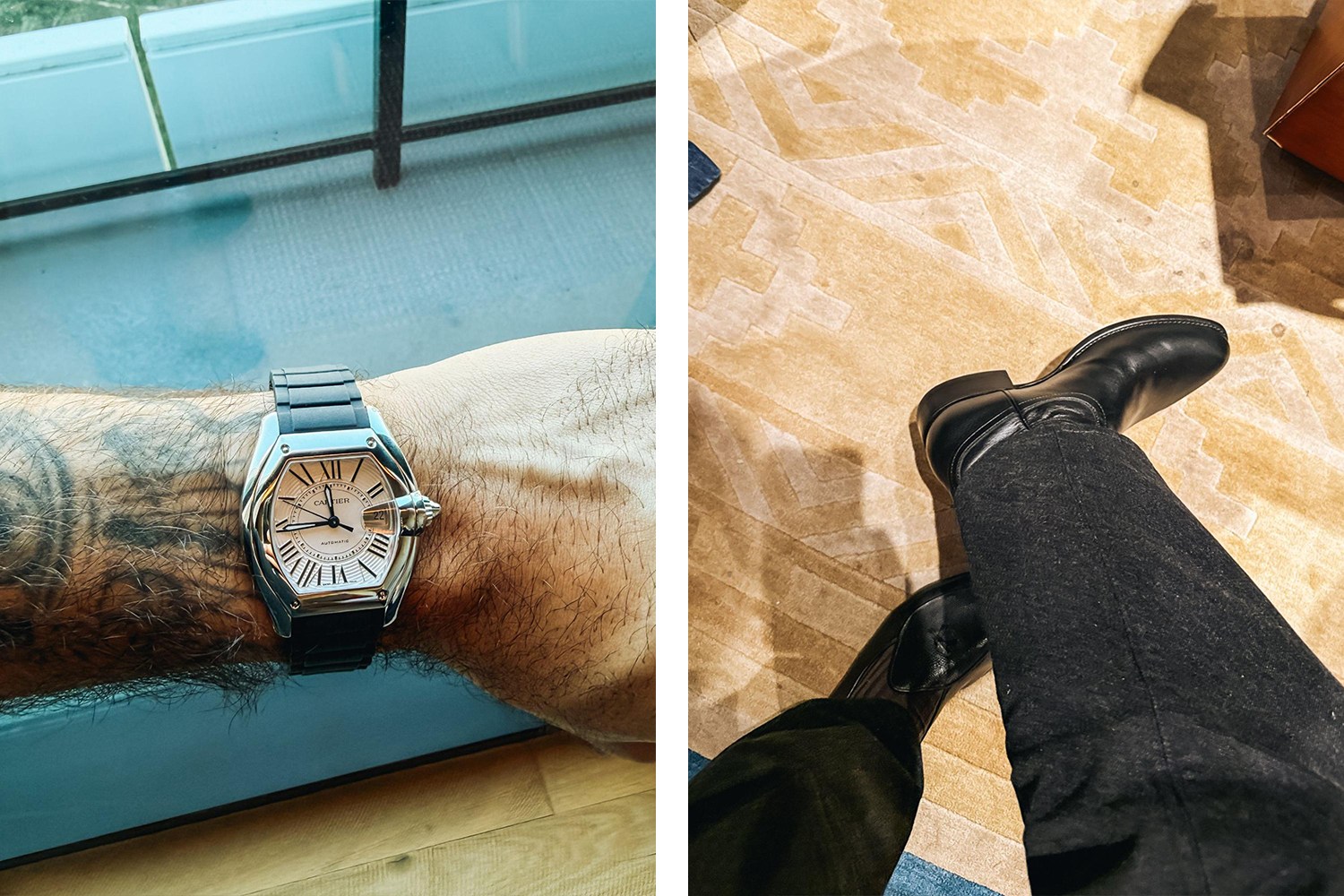 A person's tattooed arm with a Cartier watch and their legs in black pants and boots on a patterned rug.