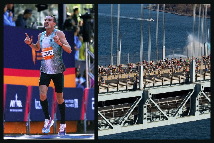 Runner Klecker celebrates at a finish line, while a large group of runners crosses a bridge over water.