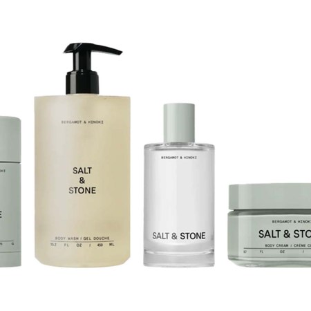 Four Salt & Stone "Bergamot & Hinoki" products: deodorant, body wash, fragrance, and body cream.