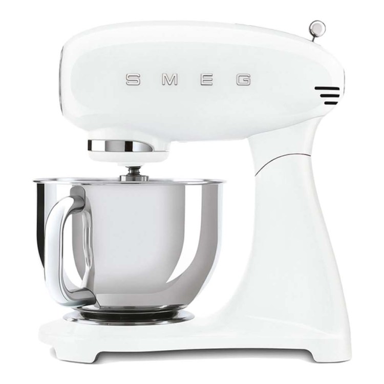 A retro-style white Smeg stand mixer with a stainless steel bowl and chrome accents.