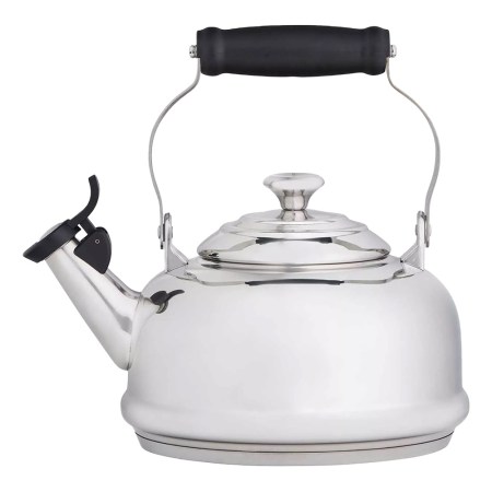 Shiny stainless steel kettle with a black handle and a black lever on the spout, on a white background.
