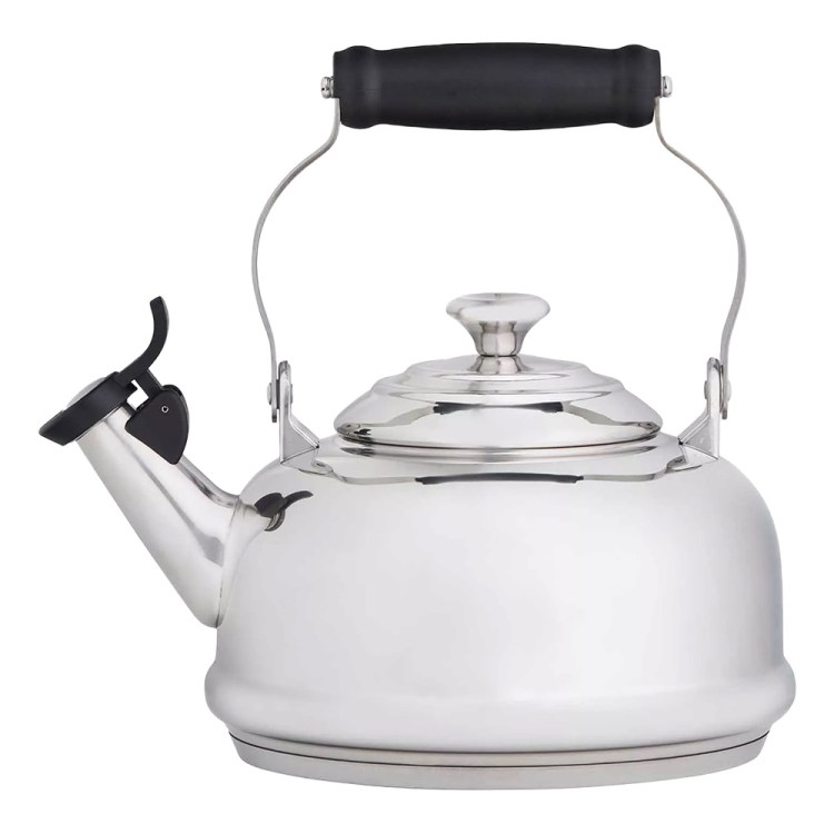 Shiny stainless steel kettle with a black handle and a black lever on the spout, on a white background.