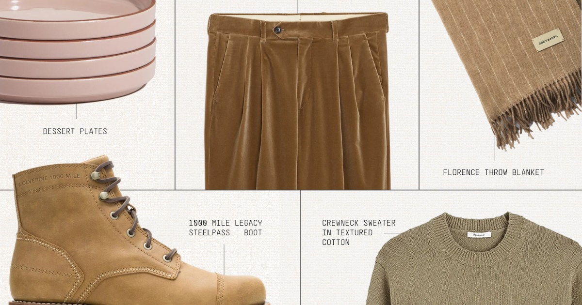 A collage of five items: pink dessert plates, brown velvet trousers, a striped throw blanket, a tan leather boot, and a green sweater.