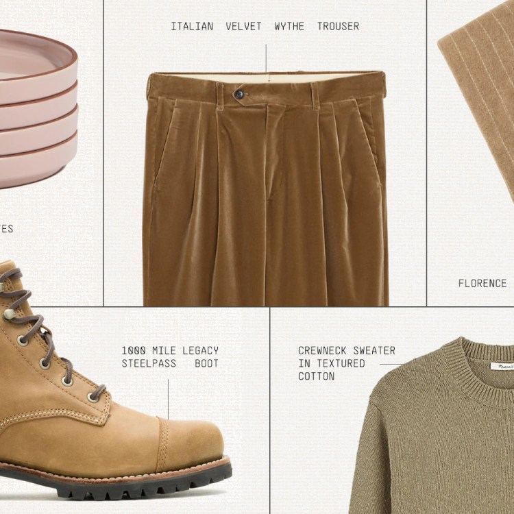 A collage of five items: pink dessert plates, brown velvet trousers, a striped throw blanket, a tan leather boot, and a green sweater.