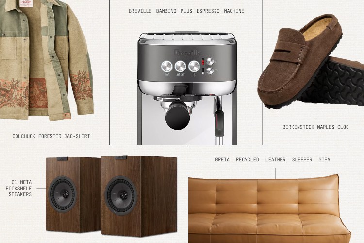 A grid of six product images: a deer-print jacket, an espresso machine, brown suede clogs, two wooden speakers, and a tan leather sofa.
