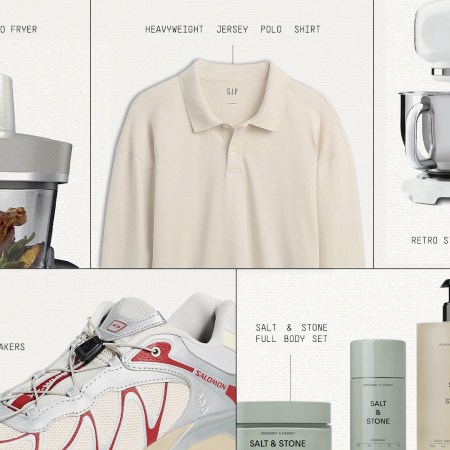 A collage of six products: a Ninja air fryer, Gap polo, Smeg mixer, Salomon sneakers, and Salt & Stone body products.