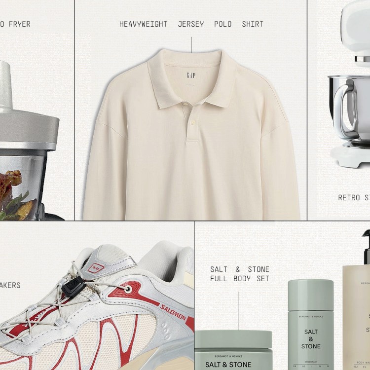 A collage of six products: a Ninja air fryer, Gap polo, Smeg mixer, Salomon sneakers, and Salt & Stone body products.