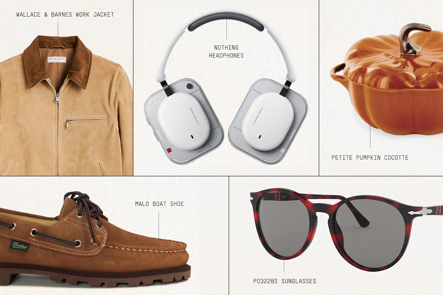 A collage of five products: a tan jacket, white headphones, a pumpkin-shaped pot, a brown boat shoe, and tortoiseshell sunglasses.