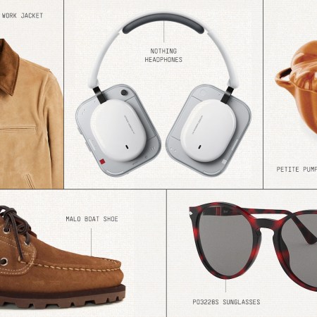 A collage of five products: a tan jacket, white headphones, a pumpkin-shaped pot, a brown boat shoe, and tortoiseshell sunglasses.