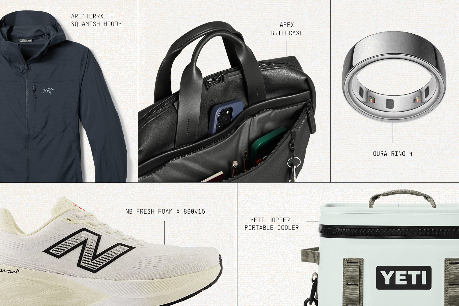 A collage of five products: a navy jacket, black briefcase, silver smart ring, white running shoe, and light blue cooler.