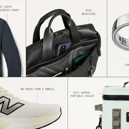 A collage of five products: a navy jacket, black briefcase, silver smart ring, white running shoe, and light blue cooler.
