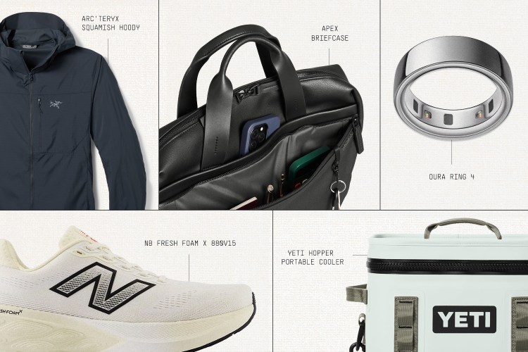 A collage of five products: a navy jacket, black briefcase, silver smart ring, white running shoe, and light blue cooler.