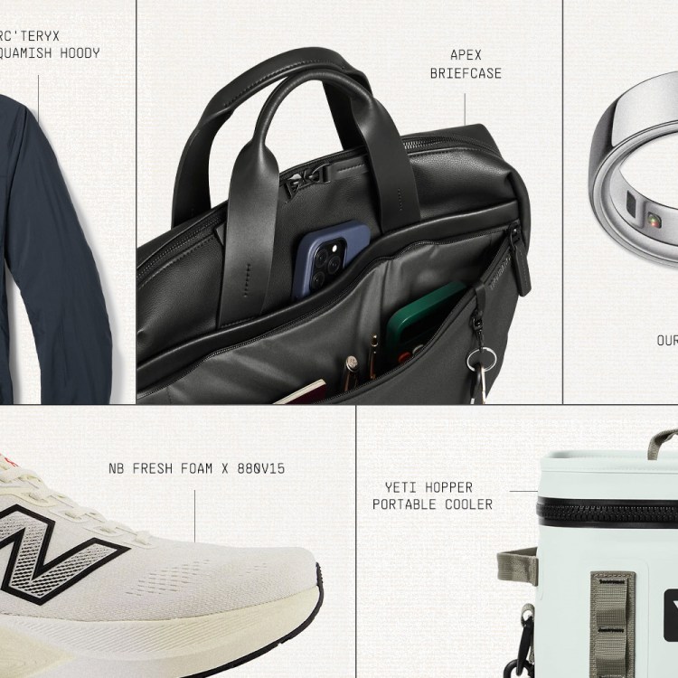 A collage of five products: a navy jacket, black briefcase, silver smart ring, white running shoe, and light blue cooler.