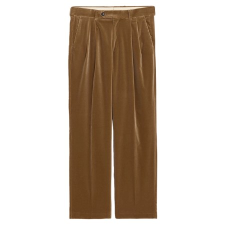Brown velvet trousers with pleats and a button closure, laid flat against a white background.