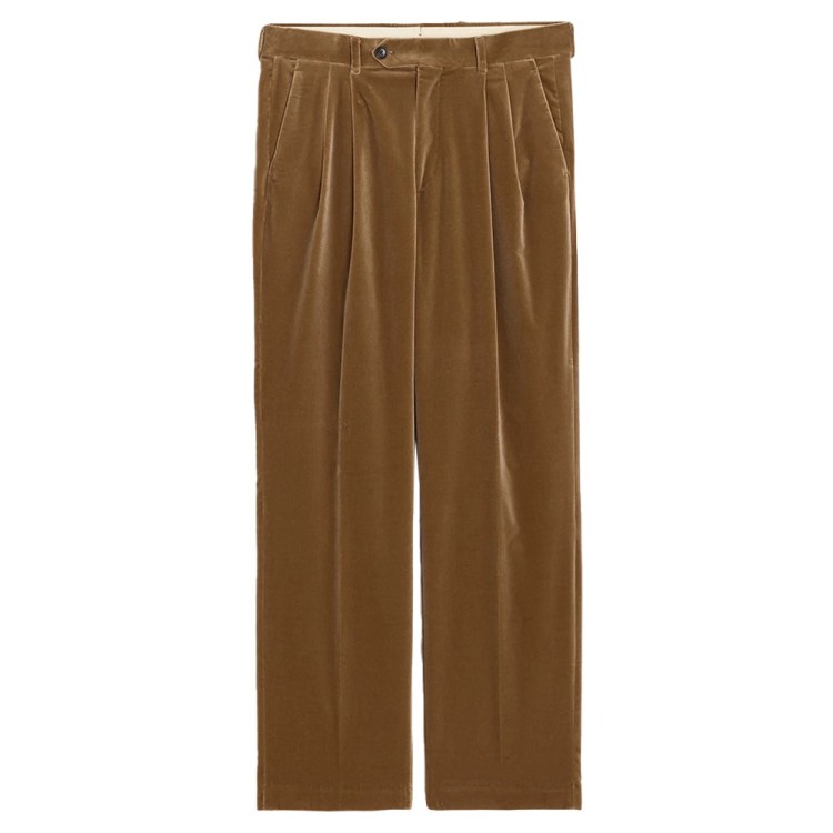 Brown velvet trousers with pleats and a button closure, laid flat against a white background.