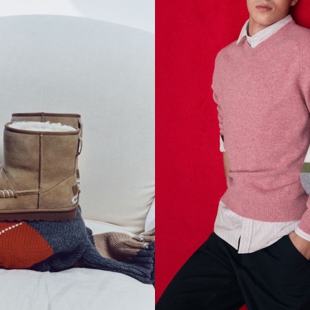 Tan suede boots on a patterned sweater, next to a person in a pink sweater, striped shirt, and black pants.