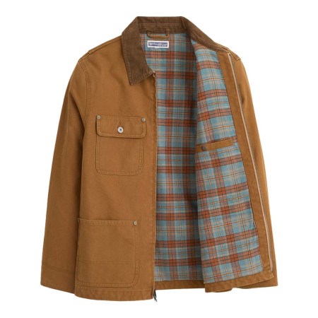 Brown canvas jacket with a corduroy collar and a blue and orange plaid lining, partially unzipped.