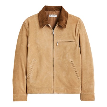 Tan suede jacket with a brown corduroy collar, a zippered front, and a small zippered chest pocket.