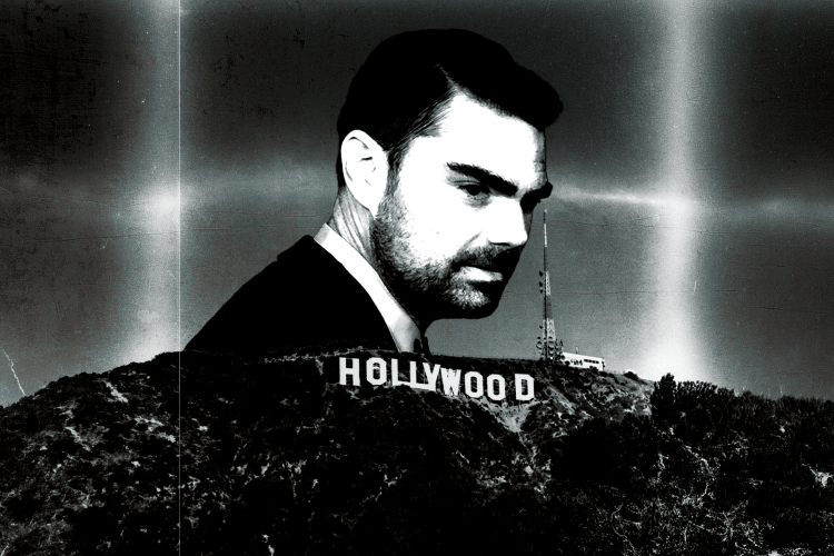Ben Shapiro's face looms over the Hollywood sign and a radio tower in a stark black-and-white image.