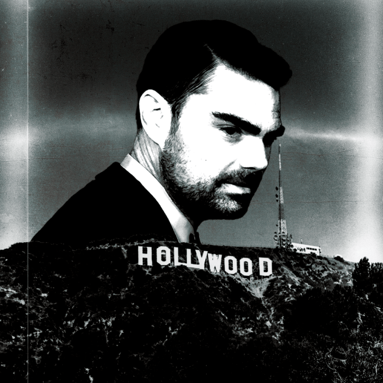 Ben Shapiro's face looms over the Hollywood sign and a radio tower in a stark black-and-white image.