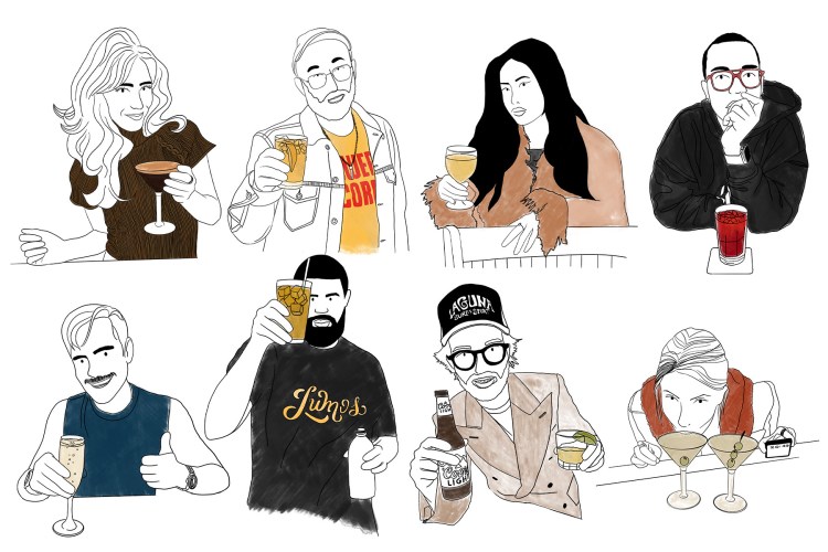 Eight diverse people, illustrated in a black outline style with minimal color, holding various alcoholic beverages.