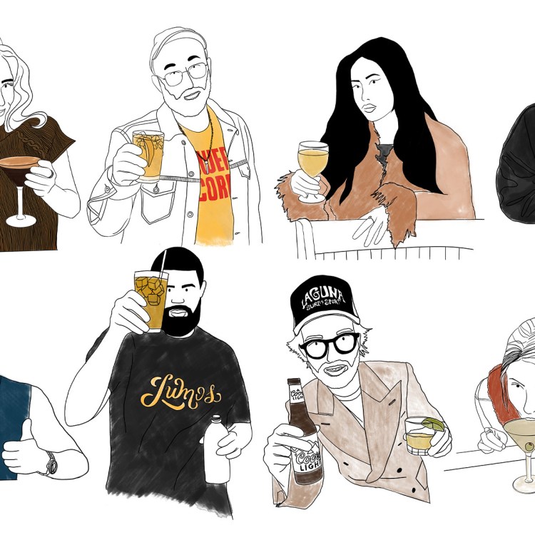 Eight diverse people, illustrated in a black outline style with minimal color, holding various alcoholic beverages.