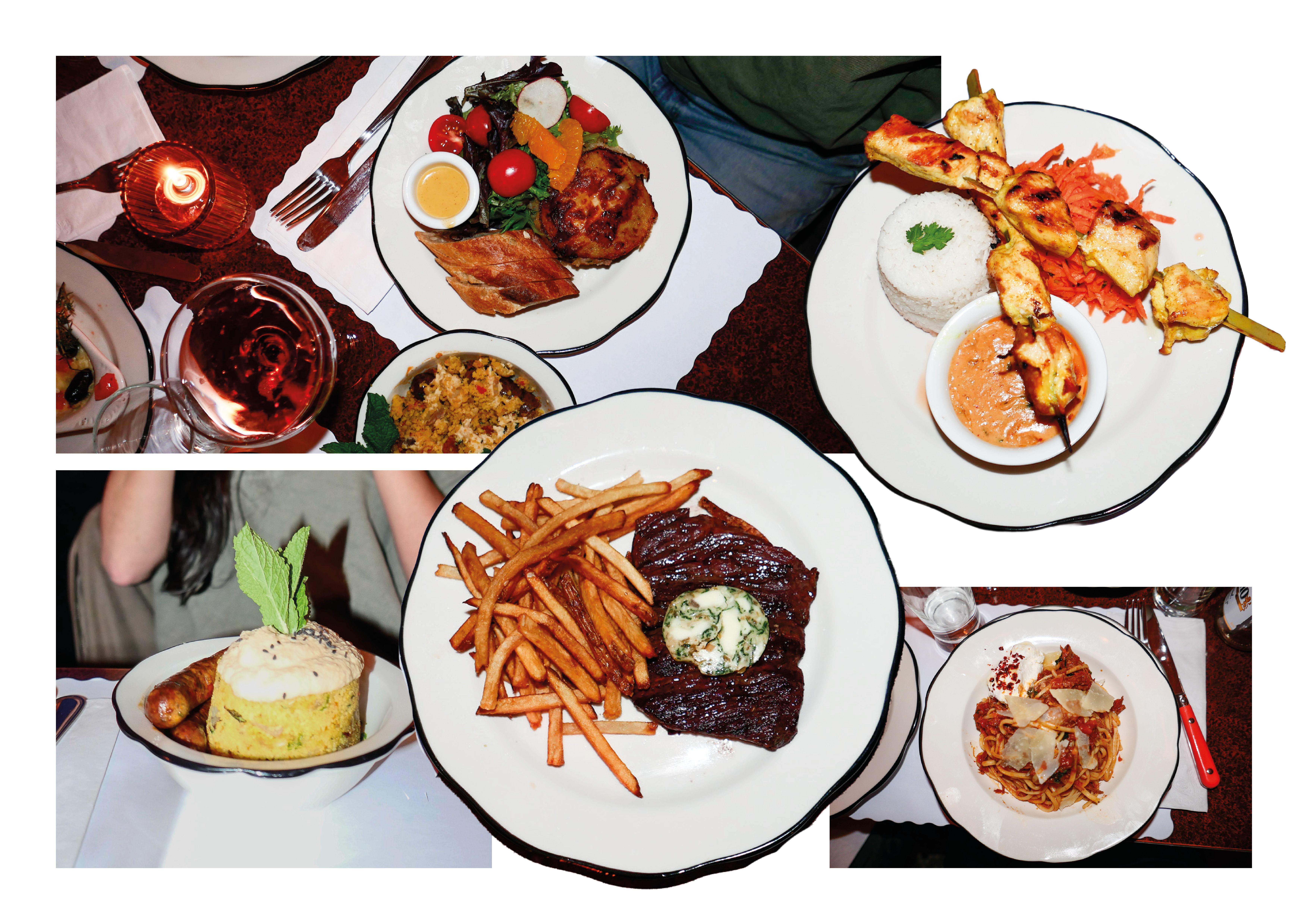 A collage of various dishes, including grilled chicken, steak with fries, rice, and pasta, set on a dining table.