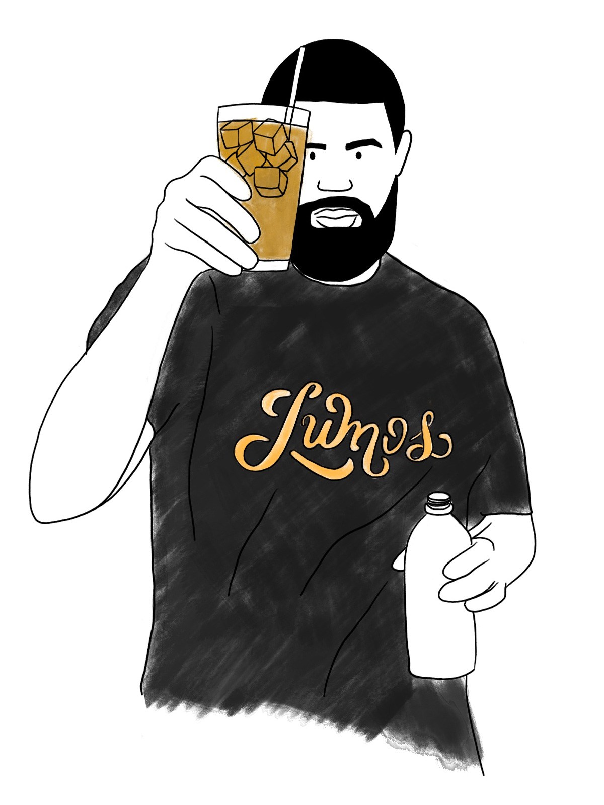 Cartoon man in a black t-shirt holding an iced drink and a water bottle