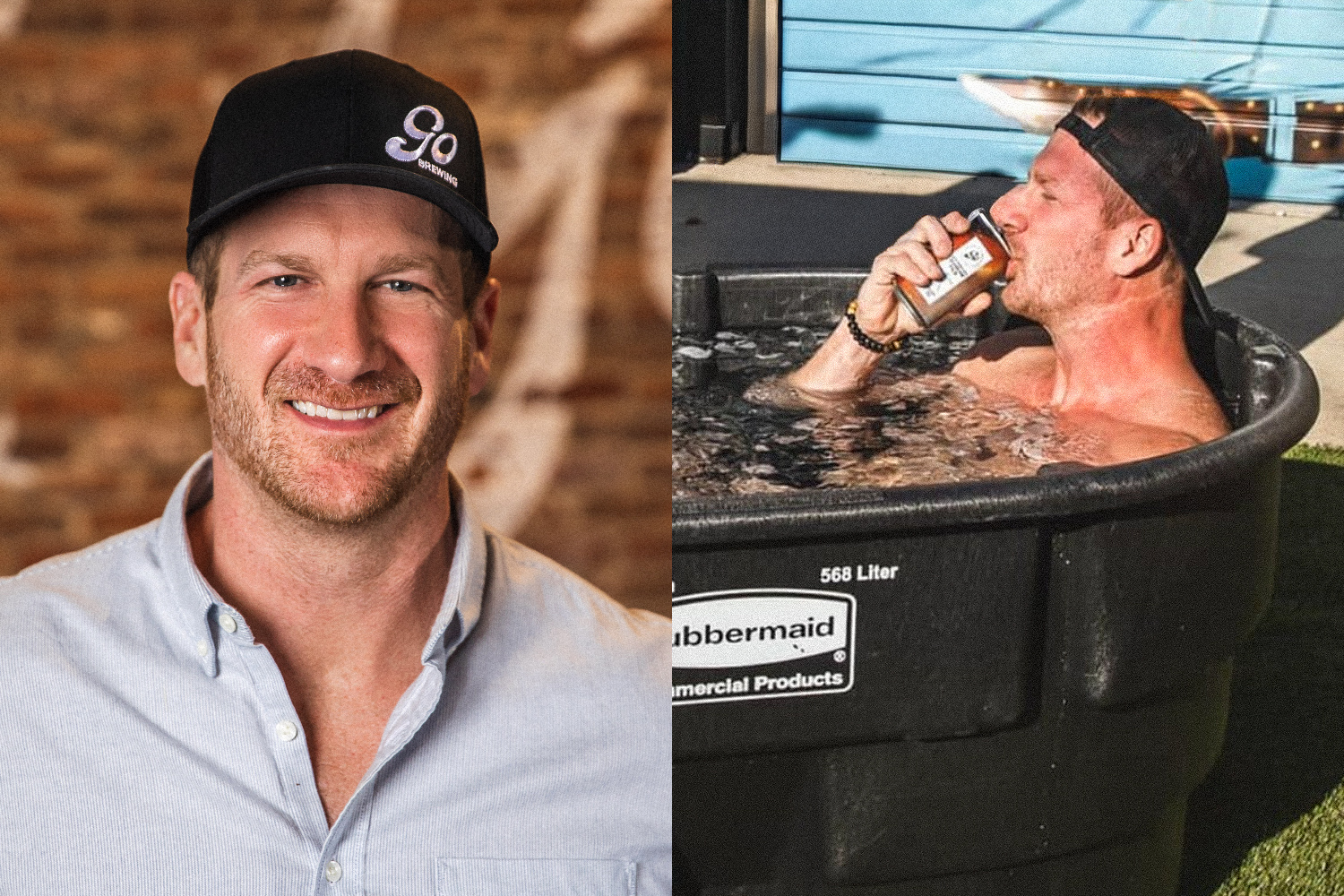 Man in a baseball cap smiling, and the same man drinking from a can in a Rubbermaid ice bath.