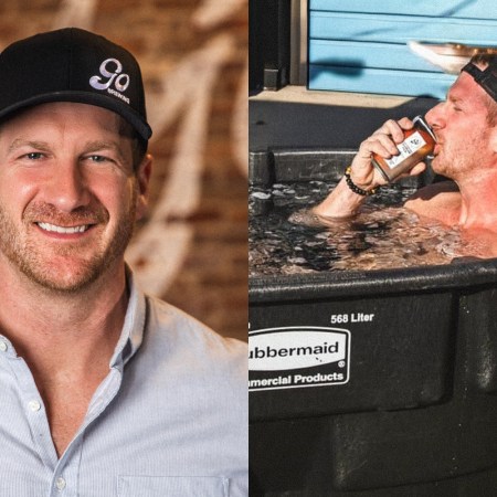 Man in a baseball cap smiling, and the same man drinking from a can in a Rubbermaid ice bath.