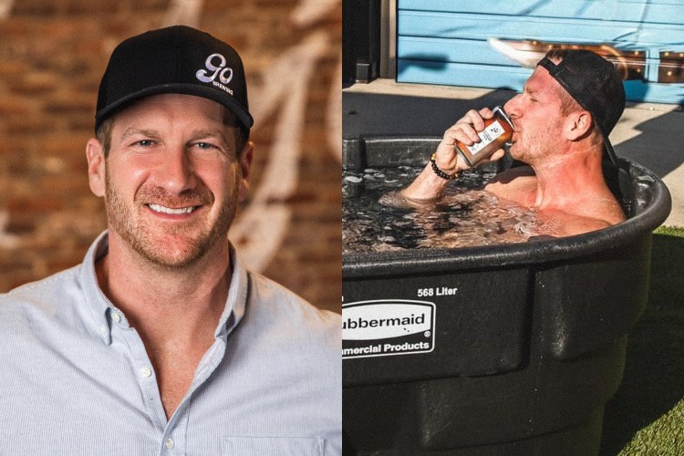Man in a baseball cap smiling, and the same man drinking from a can in a Rubbermaid ice bath.