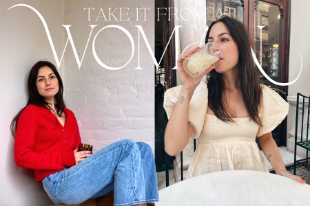 A split image: a woman in a red cardigan and jeans, and the same woman drinking from a glass in a cream dress.