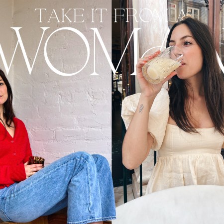 A split image: a woman in a red cardigan and jeans, and the same woman drinking from a glass in a cream dress.