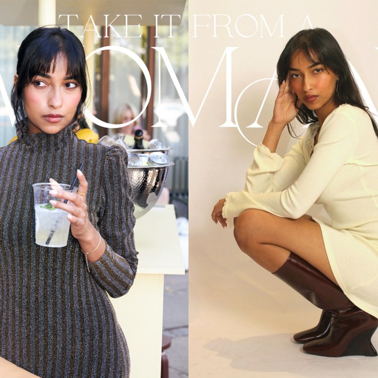 A woman in a striped dress holds a drink, and the same woman in a cream dress and boots crouches. Text: "TAKE IT FROM A WOMAN".