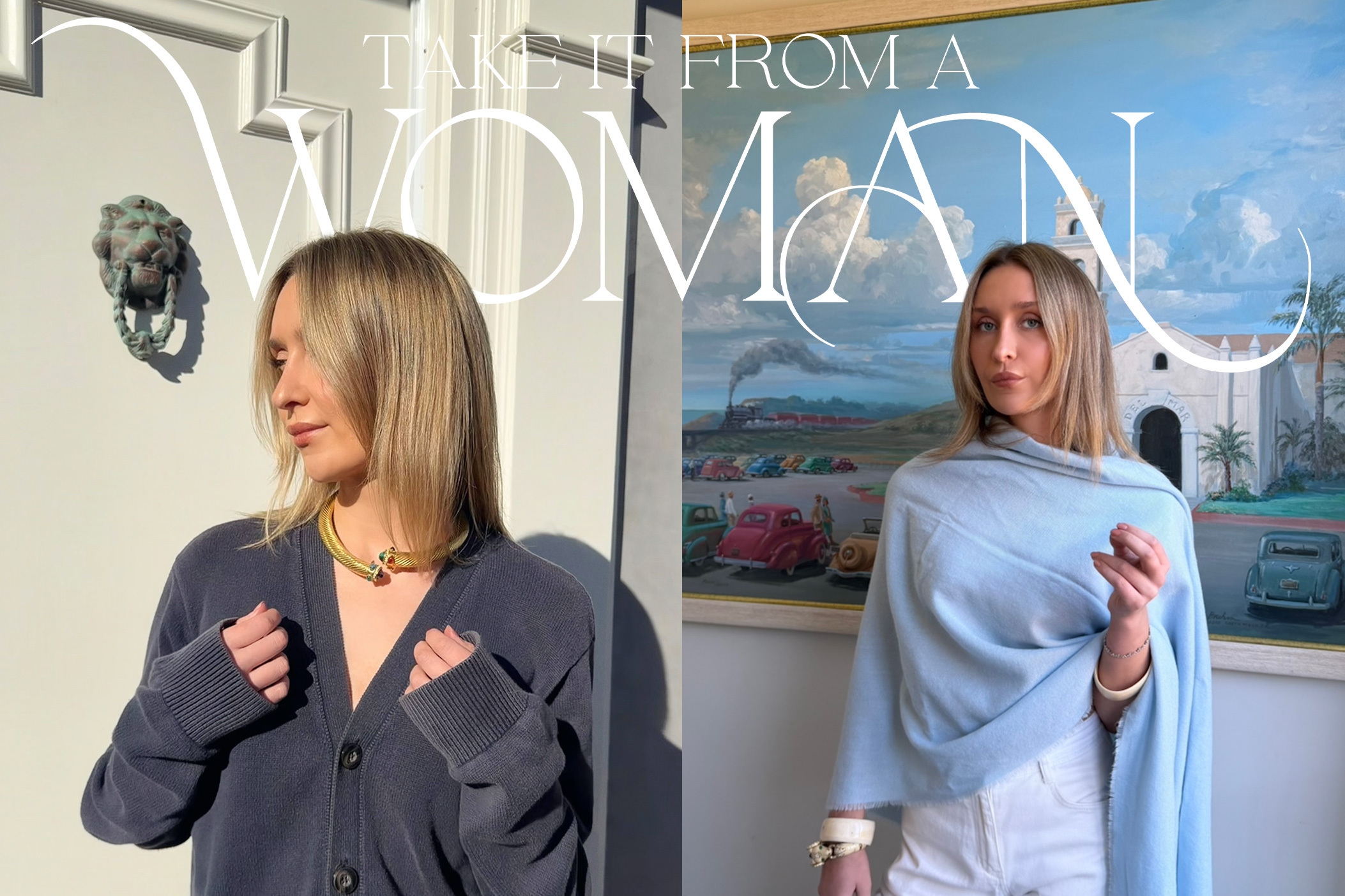 A woman in a dark cardigan and gold necklace, and a woman in a light blue shawl against a landscape painting.