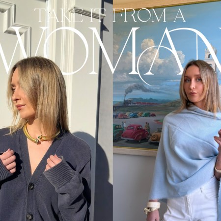 A woman in a dark cardigan and gold necklace, and a woman in a light blue shawl against a landscape painting.