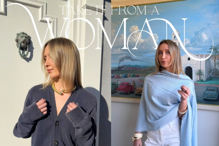 A woman in a dark cardigan and gold necklace, and a woman in a light blue shawl against a landscape painting.